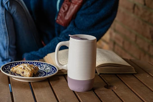 Ello Jane 18oz Ceramic Travel Mug with Handle, Splash-Resistant Slider Lid and Built-in Coaster, Perfect for Coffee and Tea, BPA Free, Dishwasher Safe, Gift for Him Her Birthday, Mauvewood