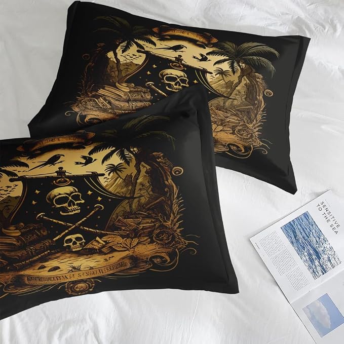Pamnest Comforter Set Queen Size, Pirate Skeleton 7 Pcs Bedding for Kids and Adults, Halloween Vintage Gothic Bed Sheet Sets with Fitted Sheet 2 Pillowcase & 2 Sham for Bedroom Bed Decor