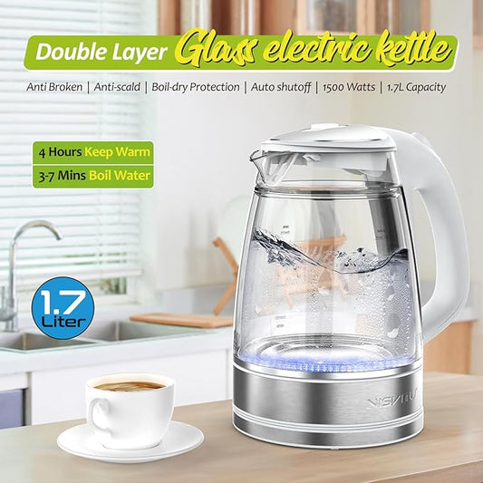NISVITU 1.7L Dual Wall Cool Touch Electric Kettle, BPA-Free Borosilicate Glass Inner, PC Outer, 1500W Fast Boil Cordless Hot Water Boiler & Electric Tea Kettle, Keep Warm, Auto Shut-Off, White