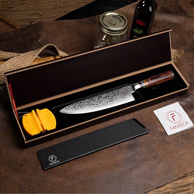 Fanteck Chef Knife 8 Inch, Japanese Damascus Kitchen Knife, Vg10 67 Layer High Carbon Stainless Steel Professional Sharp Chef’s Knife,Pakkawood Handle,Gift box,Plastic sheath& Sharpener