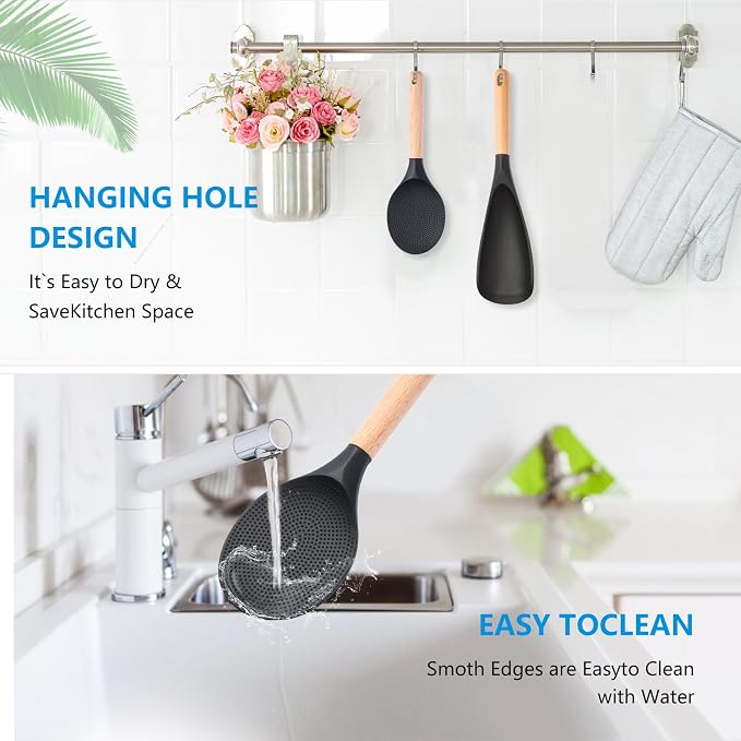 2 Pcs Wooden Handle Silicone Cooking Spoon Set for Nonstick Cookware Cooking, Baking, Stirring ,BPA-Free Heat-Resistant Spatula for Mixing, Flipping, Scraping (2 Pcs Black)