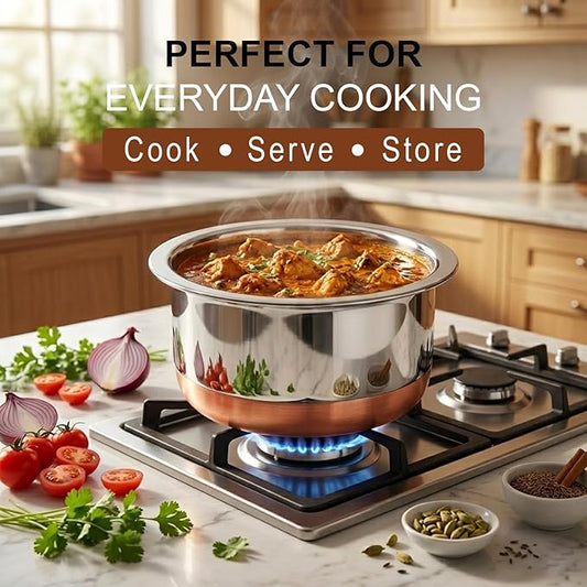 CRAFTONE Stainless Steel Copper bottom Tope Set with Lid, Cookware Set of 3 Pcs Gas Stove Friendly multi purpose Container Pot Set (60 Oz, 47 Oz and 33 Oz)