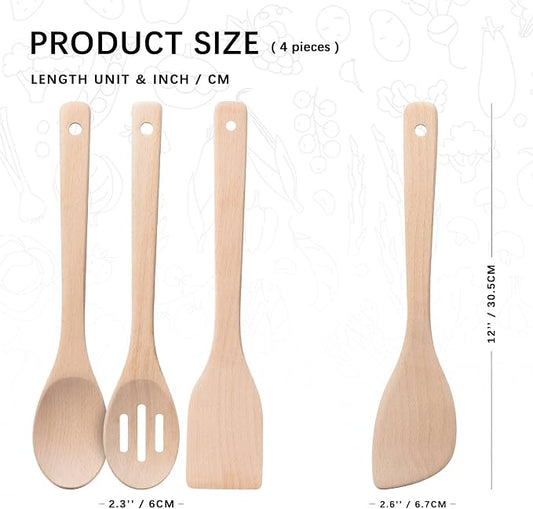 Wooden Spoons for Cooking, 4-Piece Wood Utensil Set Includes Slotted Spoon, Spoon & Wooden Spatula for Cooking – Uncoated Beech Wood Kitchen Utensil Set – 12 Inch Hardwearing Tools