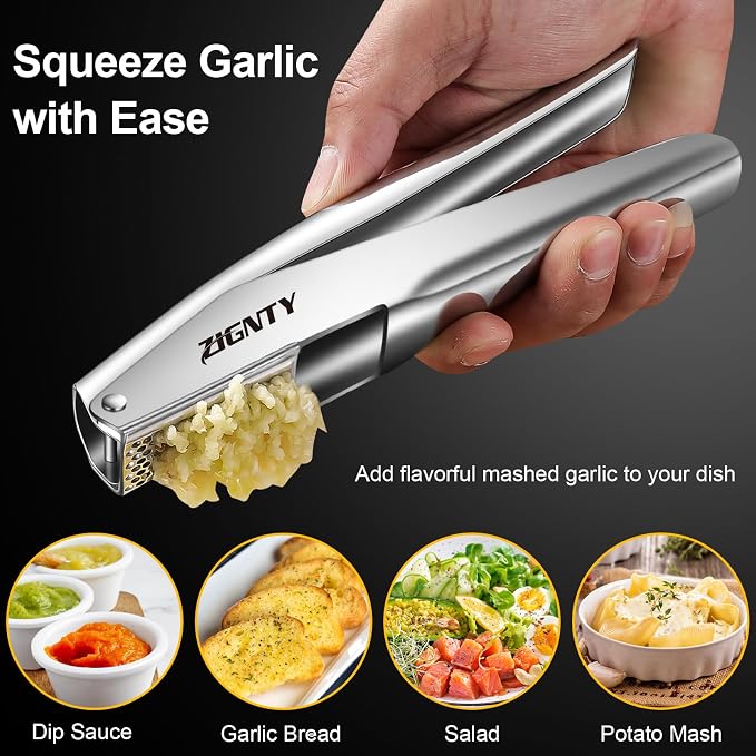 Garlic Press Stainless Steel, Professional Mincer No Need to Peel, Large Trough Presser Ergonomic Handle Easy Squeeze, Ginger Crusher & Masher Dishwasher Safe Rust Proof