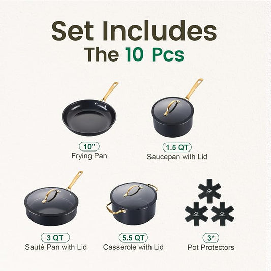 Chef Power Ceramic Cookware Sets, 10Pcs Pots and Pans Set Non Stick, Cookware Set with Stainless Steel Handle, Dishwasher & Oven Safe, Stone Black and Light Gold Handle