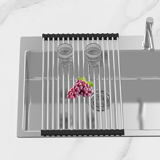 BBXTYLY Extra Large Expandable Roll Up Dish Drying Rack,Over The Sink Drying Rack Sink Cover Kitchen Sink Accessories Kitchen Rolling up Stainless Steel Drainer, Foldable,Rollable(Black,22.8''-12.4'')