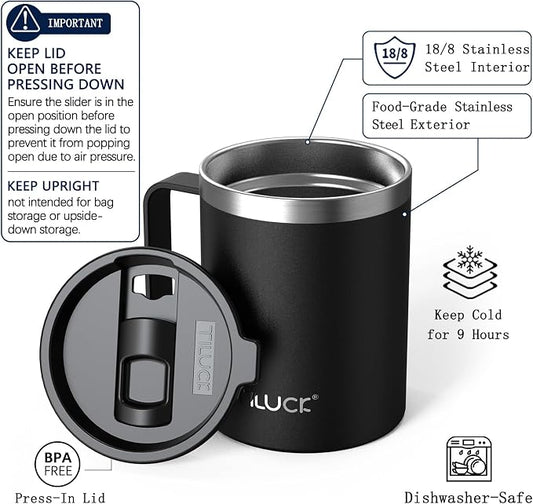 TILUCK 12 oz Insulated Coffee Mug with Lid, Double Wall Vacuum Insulated Travel Mug Cup with Handle for Hot or Cold Drinks(12oz,Matte Black)
