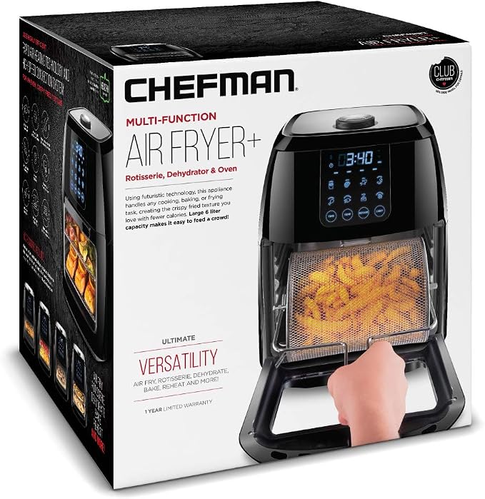 Chefman Compact 6.3-Qt 4-In-1 Digital Air Fryer+, Rotisserie, Dehydrator, Convection Oven, XL Family Size, 8 Touch Screen Presets, BPA-Free, Auto Shutoff, Accessories Included, Black