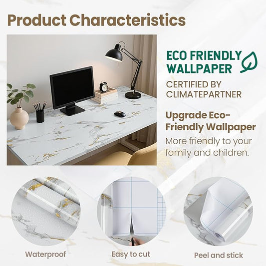 practicalWs Glossy Marble Wallpaper Peel and Stick White/Gold Granite Contact Paper Removable Wall Paper for Kitchen Countertop Cabinet Furniture 23.6" x 118"