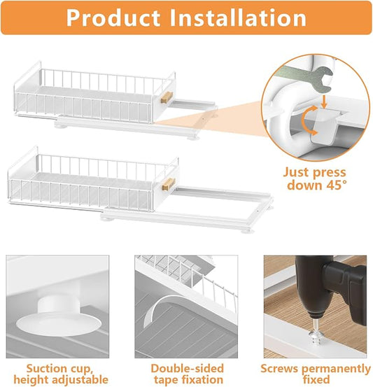 Under Sink Organizer, 2 Packs Under Sink Organizers and Storage, Slide Out Pull Out Cabinet Organizer Shelf with Metal Drawers for Kitchen Bathroom Pantry, White