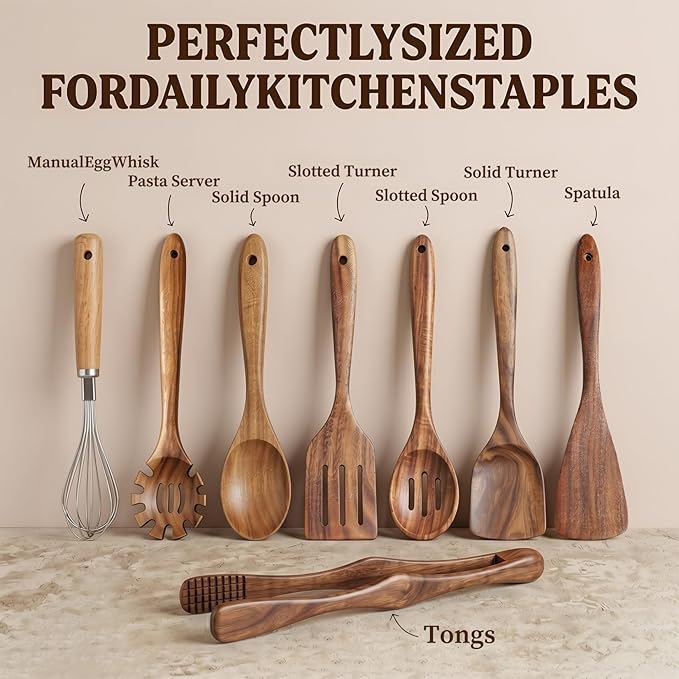 8 Pcs Wooden Kitchen Utensils Set, Natural Acacia Wood Utensils Set for Cooking, Durable Easy Clean Wooden Utensil Set with Acacia Wooden Spatulas and Spoons for Nonstick Cookware