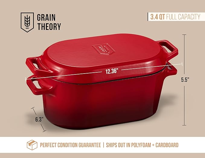 KooK Oval Loaf Shaped Cast Iron Dutch Oven for Bread Baking, 3.4 Qt Sourdough Dutch Oven with Lid, Enameled, Lid Lever, Dual Handles, Dishwasher Safe, 500°F, Cherry Ombre