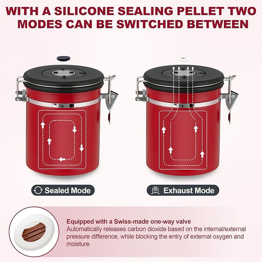 ShanSon Coffee Canister Airtight, Stainless Steel Bean Storage Container with Date Tracker & Scoop, Grounds Sugar Flour Tea Cereal Fits Kitchen Pantry, Ideal Gift for Coffee Lovers,22oz,Red