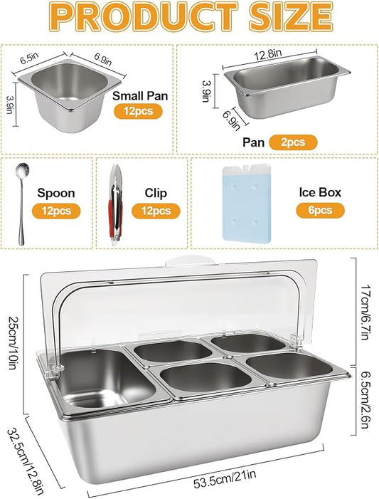 2P Pizza Topping Station 7 Pans Stainless Steel Spice Organizer Salad Bar Buffet Station with Spoons Ice Boxes Buffet Containers Set for Sauce Jam Ingredient Kitchen Restaurant Pantry