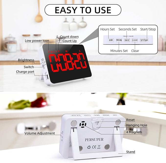 PERSUPER Digital Timer Kitchen Timer Count Down Up Rechargeable Kitchen Gadgets Vibration Mode Adjustable Volume and Brightness LED Display Time Management for Cook, Desk, Kids Adults Study Teaching