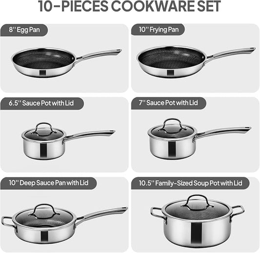 VINGLI 10 Pcs Non-Stick Cookware Set, Stainless Steel Pots and Pans Set with Lids, Non-Toxic Saute Sauce Pot, Soup Pot, Frying Pan, PFOA & PTFE Free, Compatible for All Cooktops