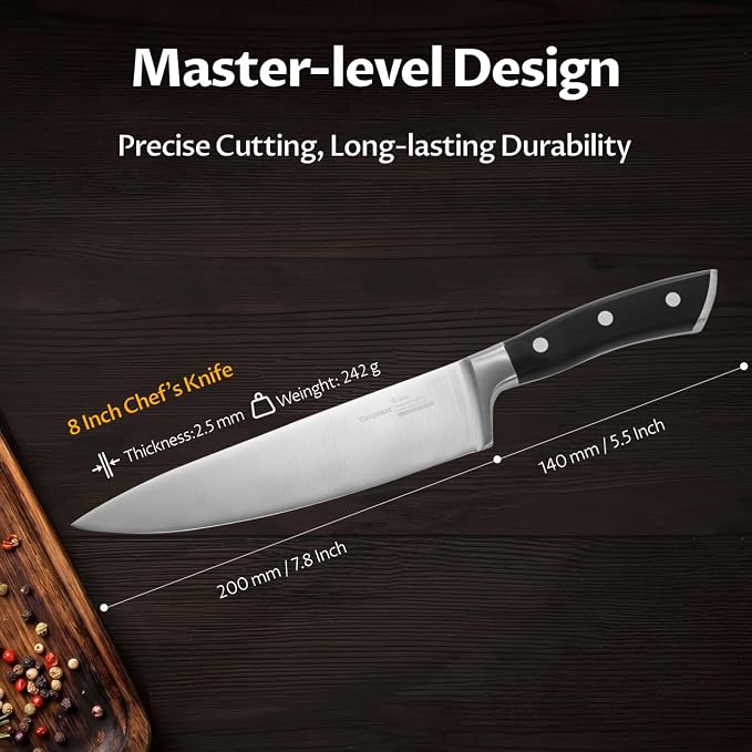 OAKSWARE 8 Inch Chef Knife, Ultra Sharp German High Carbon Stainless Steel Kitchen Knife, Full Tang Forged Professional Cooking Knife with Ergonomic Handle for Meat, Vegetables and Fruit