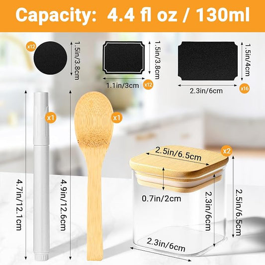 Square Glass Jars with Bamboo Lids Set of 2, 4 Fl.oz Small Glass Spice Jars with Airtight Lid, Stackable Sugar Coffee Containers Clear Food Storage Canister for Loose Tea, Jam, Seasoning