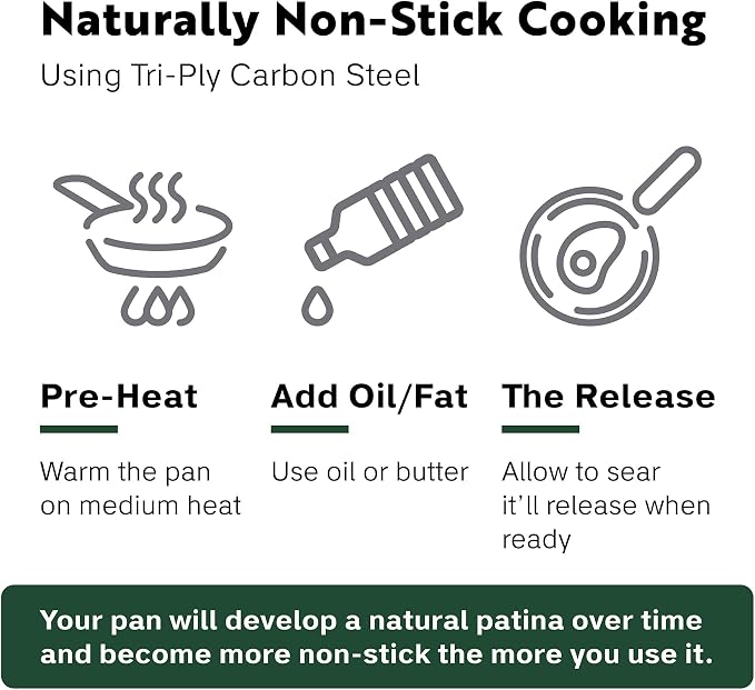 Tri Ply Carbon Steel 12 Inch Frying Pan - Naturally Nonstick Nitrided Carbon Steel Pan Better than Cast Iron - Lightweight, Non Toxic Cookware, No Coatings - Induction Ready Skillet