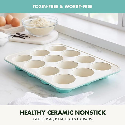 GreenPan Bakewell 12-Cup Muffin Pan, Healthy Ceramic Nonstick Bakeware, PFAS-Free Cupcake Mold, Durable Baking Tray, Versatile Kitchen Essentials, Easy Clean Ovenware, Turquoise
