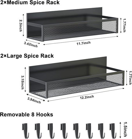 Aufworld Magnetic Spice Rack for Refrigerator, 4 Pack Magnetic Shelf, Fridge Magnet Organizer with Moveable 8 Hooks, Magnetic Fridge Shelf for Kitchen Organization and Storage (4 Pack)
