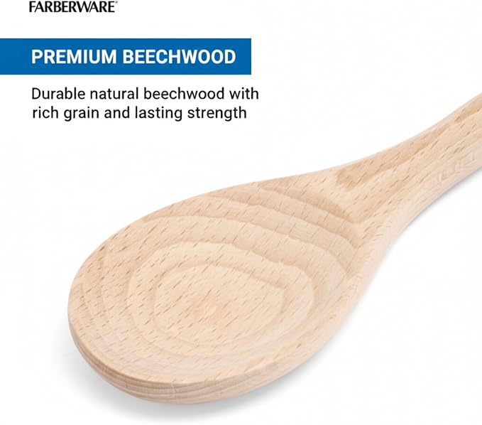 Farberware Professional Beechwood Wooden Spoon for Cooking - Durable Natural Wood Kitchen Utensil, Safe for Nonstick Cookware, Perfect for Stirring and Basting, Hand Wash Only