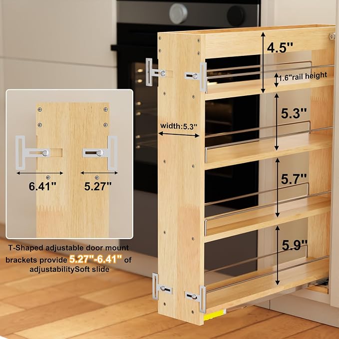 Pull Out Spice Rack Organizer for Cabinet, 5" W x 22.3" D x 25.2" H Multi-Use Solid Wood Slide Out Shelf for Kitchen Cabinet, Sliding Spice Rack for Cans & Jars, Pantry Organization