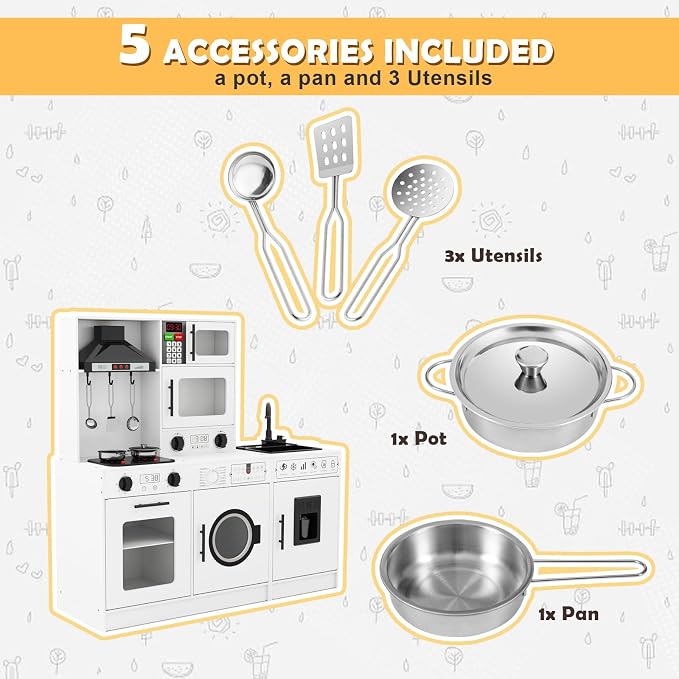 JOYLDIAS Kids Play Kitchen Set, Wooden Free Combination & Movable Pretend Toddler Kitchen Toy w/Real Sound and Light, Running Water, Oven, Washing Machine and Cookware Accessories for Age 3+ Toddlers