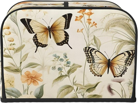 Butterfly Flower Vintage 4 Slice Toaster Cover, Dustproof, Waterproof, Polyester, Wide Slot, Fingerprint Protection, Kitchen Appliance Cover