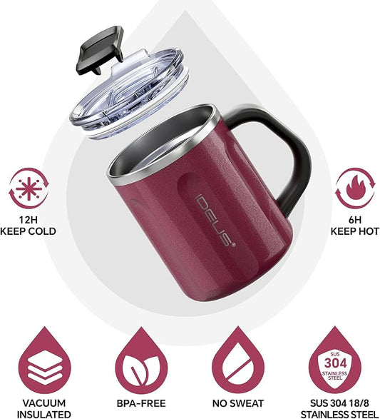 Ideus 16 oz Coffee Cup, Stainless Steel Coffee Travel Mug, Spill Proof Tea Mug with Handle and Lid, Lightweight and Durable, Great for Office Home and Outdoor Use, Burgundy-FUJI FLOW