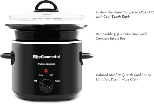Elite Gourmet MST-350B# Electric Slow Cooker, Adjustable Temp, Entrees, Sauces, Stews & Dips, Dishwasher Safe Glass Lid & Crock (3 Quart, Black)