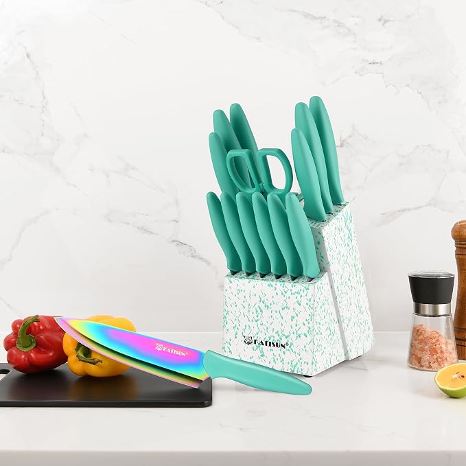 Kitchen Knife Set with Block, 15 Piece Rainbow Titanium Coated Stainless Steel Knives Set, Built in Sharpener, Anti-Rust and Dishwasher Safe, 12 Knives with Kitchen Shears and Block