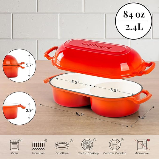 Cast Iron Bread Pan with Lid, Mini Enamel Sourdough Baking Dutch Oven Pot, Double Round Loaf Space for Homemade, Bread, Cake, Meatloaf, 16.5cm Diameter, 500ยฐF Oven Safe, Non Stick, Orange
