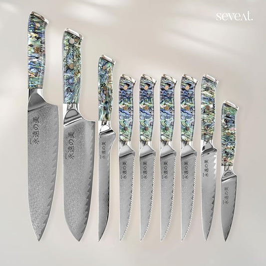 Damascus Kitchen Knife Set | 67-Layer Damascus Steel | Professional Chef Knives Set | Ergonomic Blue Shell Handle | Acacia Wood Magnetic Holder Included (Blue, 9-Piece Set)