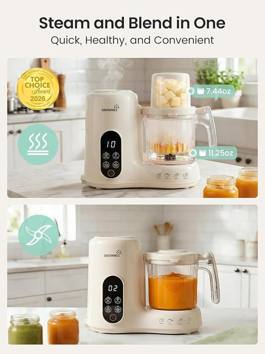 Grownsy Baby Food Maker with Dual-Layer Steam Basket | Baby Food Processor for Starting Solids & Babies 6+ Months | Steamer Blender & Puree Machine for Healthy Homemade Baby Food, BPA-Free,Cream