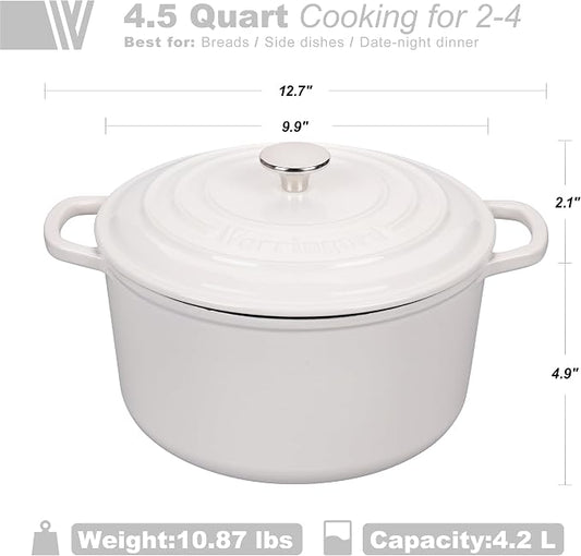 VORRINGARD Enameled Cast Iron Dutch Oven Pot with Lid, for Sourdough Bread Baking, Round Dutch Ovens, 4.5 Quart, White