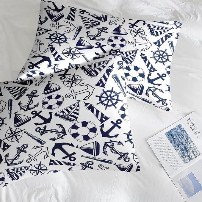 Pamnest Comforter Set King Size, Nautical Anchors Navy Blue 7 Pcs Bedding for Kids and Adults, Retro Sailor Lighthouse Bed Sheet Sets with Fitted Sheet 2 Pillowcase & 2 Sham for Bedroom Bed Decor