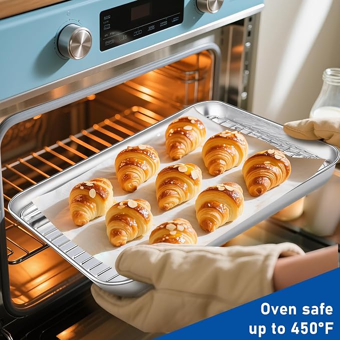 Baking Sheet with Rack Set,10.2 Inch Stainless Steel Baking Pan Tray Cookie Sheet with Cooling Racks,Nonstick Bacon Cookie Trays for Cooking Roasting,Dishwasher Safe,Heavy Duty & Easy Clean