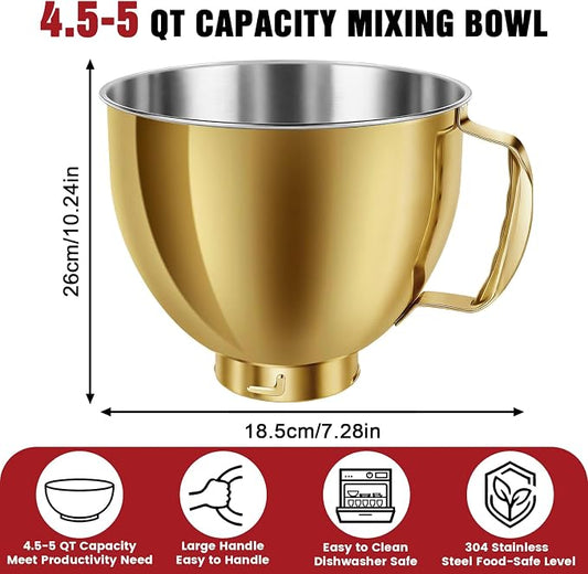 Stainless Steel Mixer Bowl for KitchenAid Artisan & Classic Series 4.5 & 5 Quart Tilt-Head Stand Mixers, KSM150 Stainless Steel Bowl Replacement, Mixing Bowl for KitchenAid, Radiant Gold
