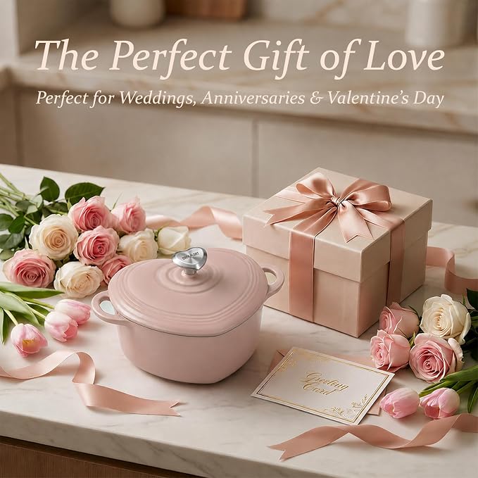 Overmont Heart-Shaped Enameled Cast Iron Dutch Oven, 2QT Pink Mini Pot with Lid for Cozy Meals, Soups & Small Batch Baking, Cute Kitchen Cookware Gift for Wedding, Housewarming & Birthday