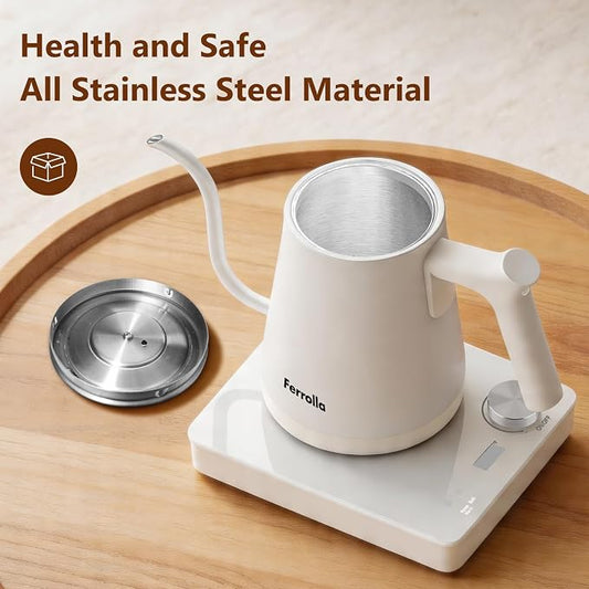 Electric Gooseneck Kettle White with Digit LED Display and Dial Control, Pour Over Kettle for Coffee & Tea, Hot Water Boiler, Stainless Steel Inner Lid & Bottom, 1300W, 0.8L