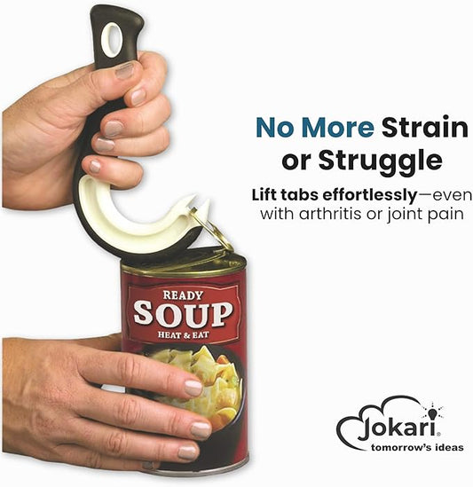 Jokari Ring Pull Can Opener for Soda and Food Cans Arthritis Aid with Non Slip Grip for Seniors Kids and Nail Protection Manual Pull Tab Tool for Easy Open Cans Black Dishwasher Safe