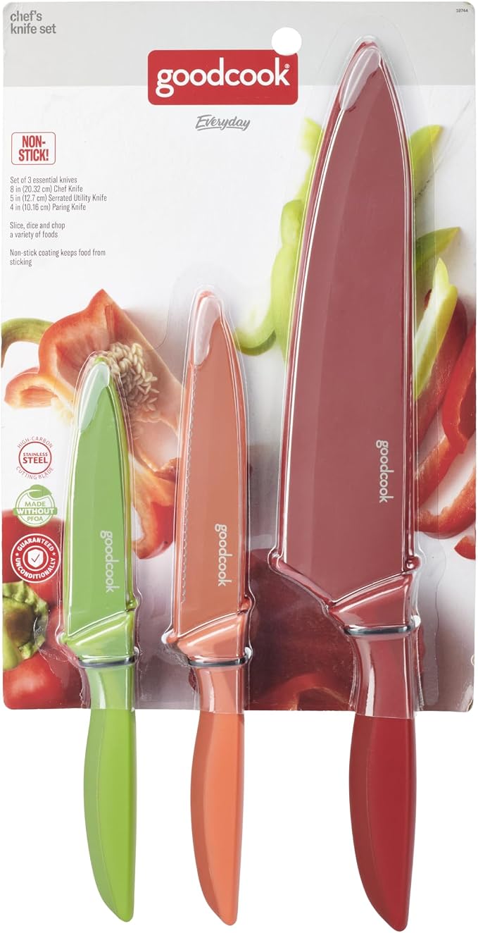 GoodCook Knife Set High Carbon Stainless Steel Kitchen Knives with Nonstick Finish Slip Resistant Grips and Protective Sheaths, Set Includes Paring Utility and Chef's Knives, 3-Piece Set, Multicolor