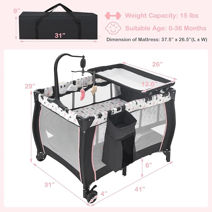 INFANS 3 in 1 Pack and Play, Portable Travel Baby Bassinet with Detachable Mattress, Changing Table, Foldable Playpen with Carry Bag, 2 Wheels (Cartoon)