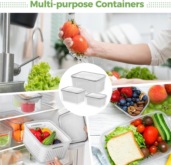 3 Pcs Fruit Storage Containers, Produce Savers with Lids for Fridge, Refrigerator Vegetable Containers with Draining Baskets, Airtight Food Keepers for Kitchen, Microwave Safe