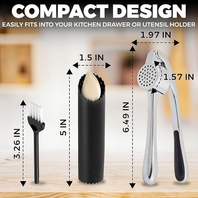 Premium Garlic Press Set - Stainless Steel Mincer Crusher Grater Tool with Silicone Peeler and Brush - Dishwasher Safe Metal Presser Grinder Smasher Masher Squeezer Shredder for Ginger, Butter, Herb