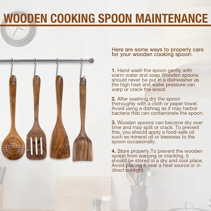 Teak Wood Cooking Utensils Set - 9-Piece Nonstick Safe Kitchen Utensils with Holder, Spoon Rest & 6 Metal Hooks, Natural Wooden Cookware for Nonstick Pans (Premium Durable Utensil Set