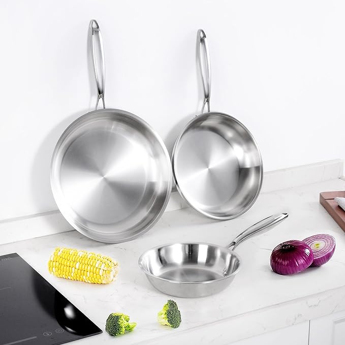 SuperCook 2 Pieces Tri-Ply Clad Stainless Steel Frying Pan, 8" and 10" Skillet Set, Steel Pans for Cooking, Sauté Pans Set, Non-Toxic, Multiclad, Induction Oven Compatible, Dishwasher Safe
