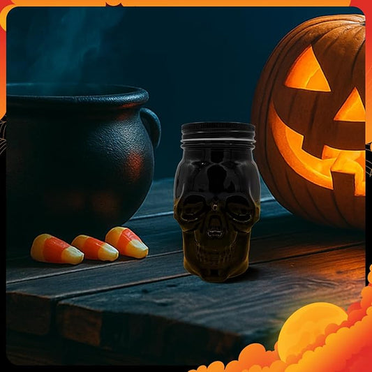 DURA LIVING Set of 2 Skull Mason Jar Glasses with Lids | 16oz Reusable Halloween Drinking Glasses | Unique Skull Décor, Storage, & Canning Jars for Parties & Gifts