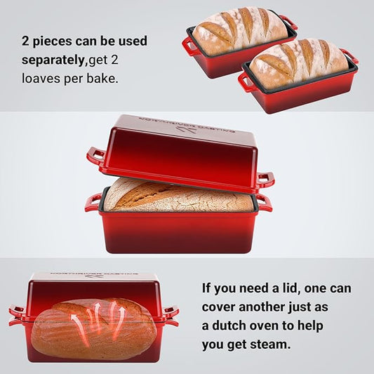 Northriver Casting 9x5 Inch Enameled Cast Iron Loaf Pan with Lid, Perfect Bread Baking Pan | Even Heat Distribution for Homemade Bread, Cake, Meatloaf๏ผ2 Piece set๏ผRed